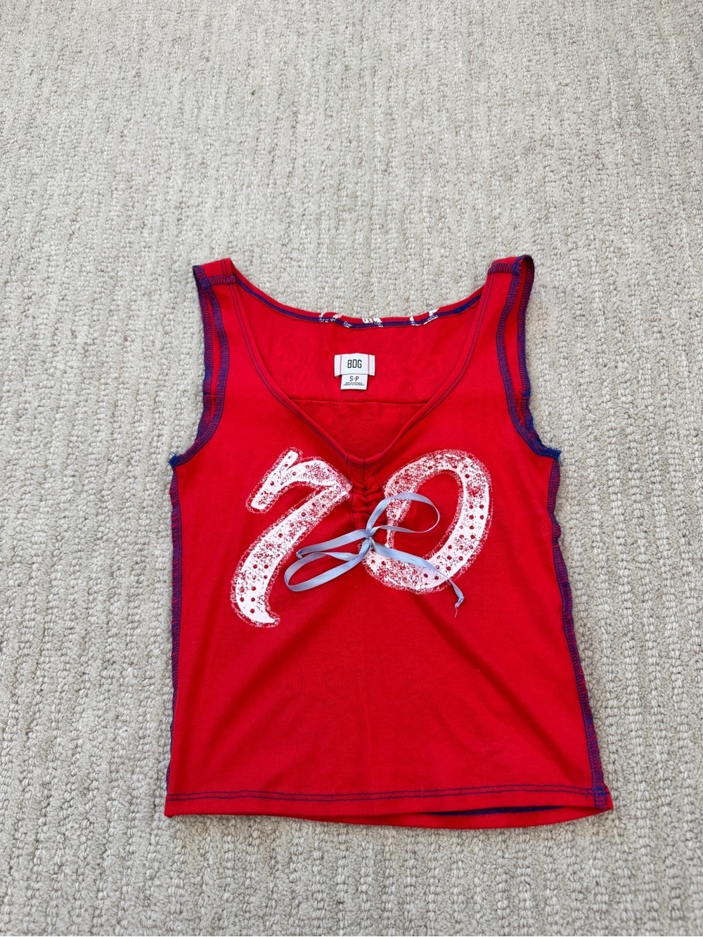 BDG Red Lace-Up Graphic Crop Tank with White '70'